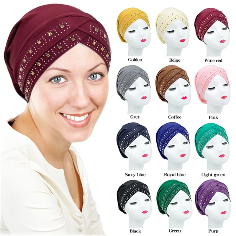 

New Customized Good Quality Muslim Headwear Female Rhinestone Scarf Wrap Solid Color Diamond Turban Women's Indian Plain Hat