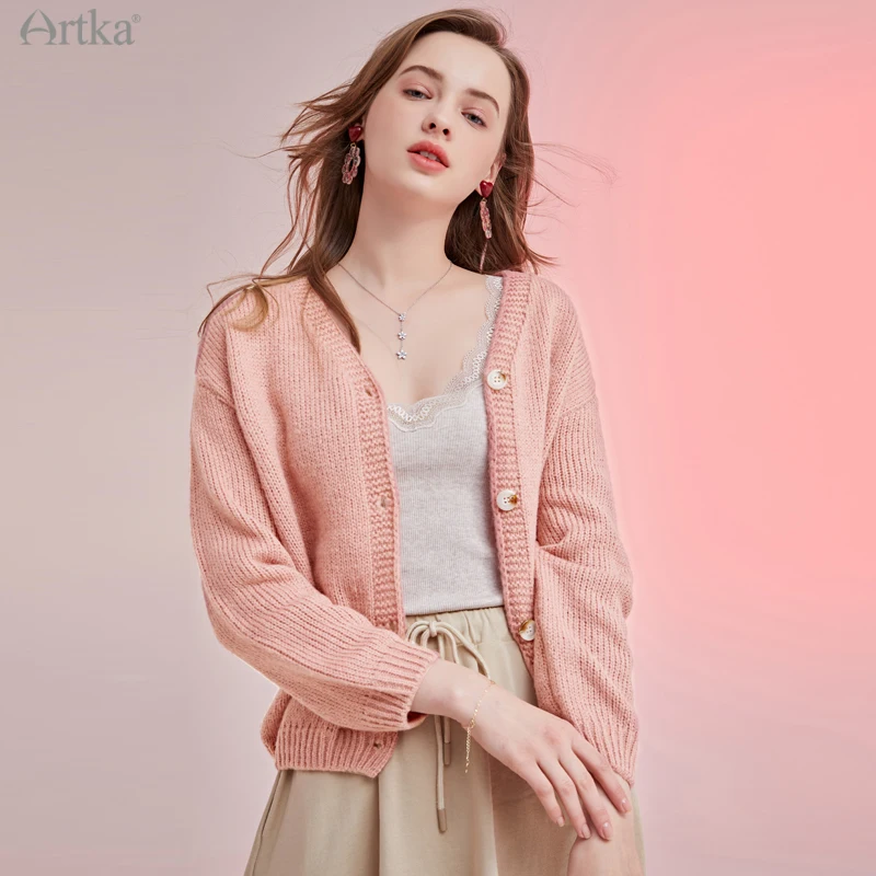 ARTKA 2021 Spring New Women Cardigan Elegant V-Neck Knitted Cardigan Sweaters Soft Loose Knitted Sweater Outerwear WB25110C