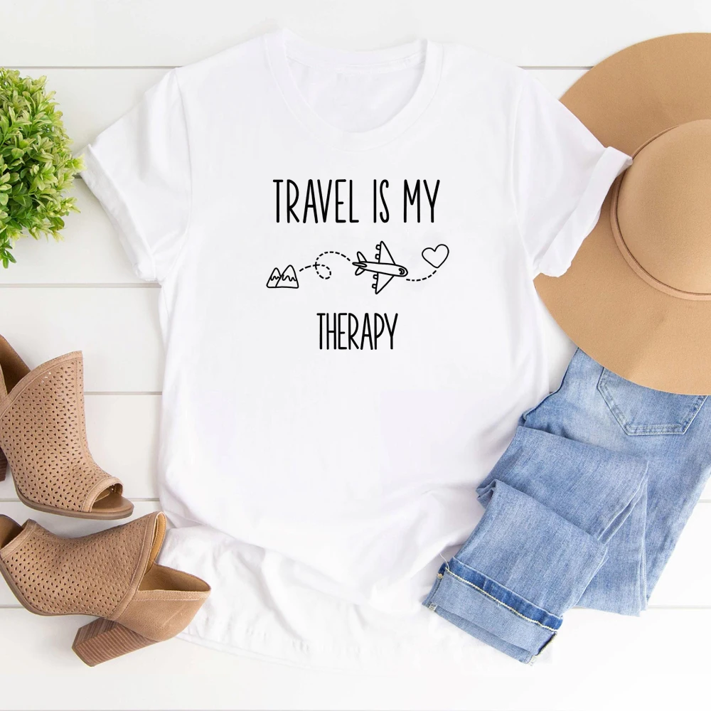 Travel Is My Therapy T-shirt Casual 90s Women Adventure Outdoor Tshirt Unisex Summer Graphic Airplane Mode Tees Tops Streetwear