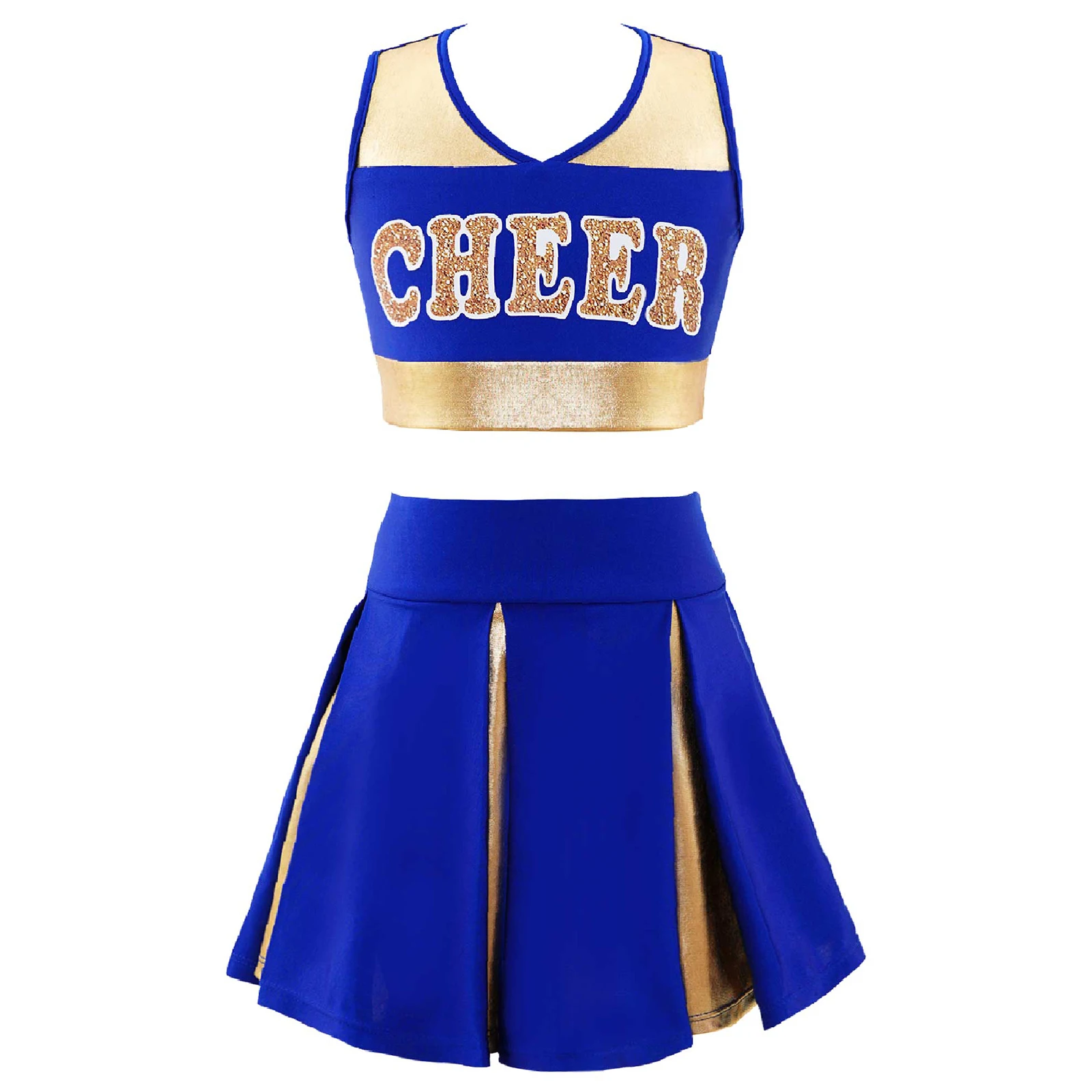 

Kids Girls Cheerleader Costume School Girls Cheer Outfit Crop Top with Skirt Set for Carnival Party Halloween Cosplay Dress Up