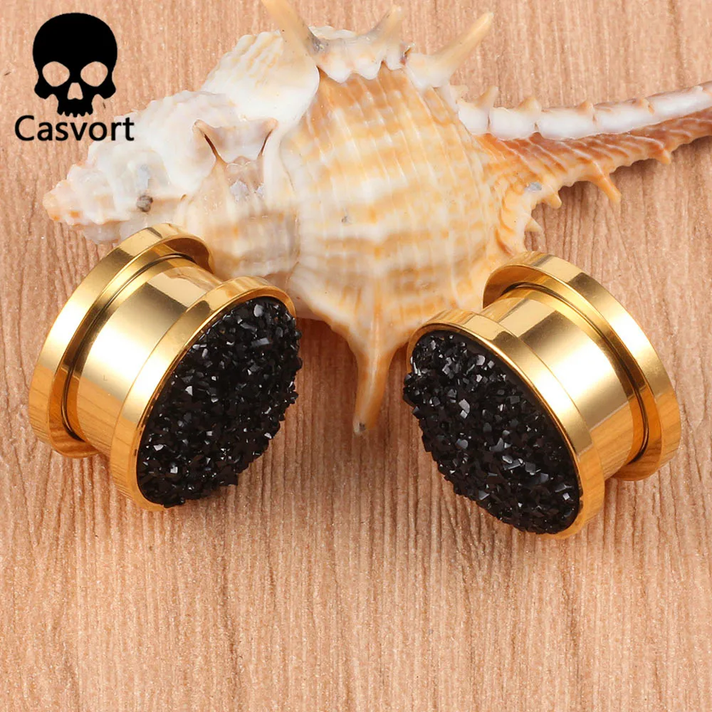 Casvort 2PCS Fashion Resin Stone Golden Ear Plugs Tunnels Piercing Body Jewelry Gauges Expander Pair Selling Daily Simple