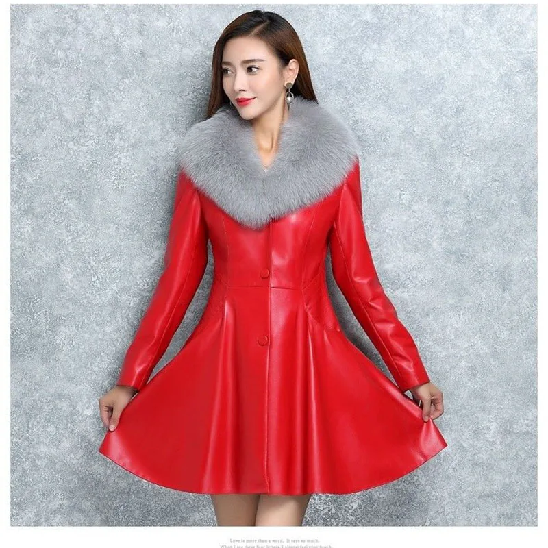 Nowa damska kurtka ze skóry PU na jesienno-zimową smukłą, dużą, futrzaną kołnierzem, długi płaszcz skórzany, damska odzież wierzchnia