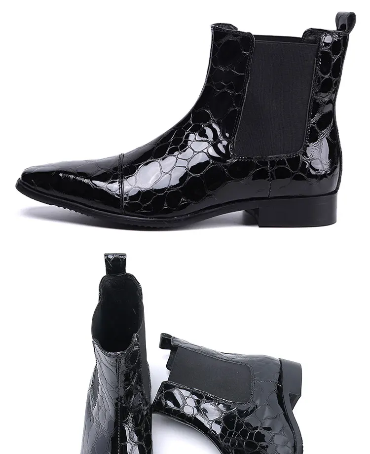 Frühlingsswarze kurze Stiefel mit Krokodilmuster, modische Stiefel, quadratischer Kopf, Lackleder, nackte Chelsea-Kurzstiefel für Herren – Detail 2