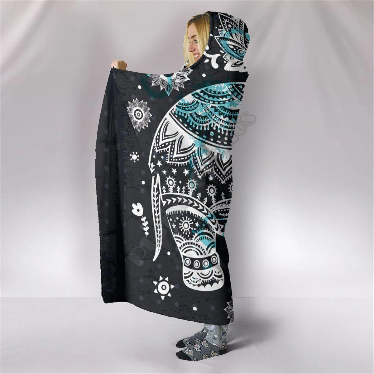 Henna Elephant 3d printed Hooded Blanket Adult colorful child Sherpa Fleece Wearable Blanket Microfiber Bedding