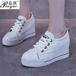 Women Leather Wedges Sneakers Woman Lace-up High heel Platform Shoes Female Height increase Casual Shoes