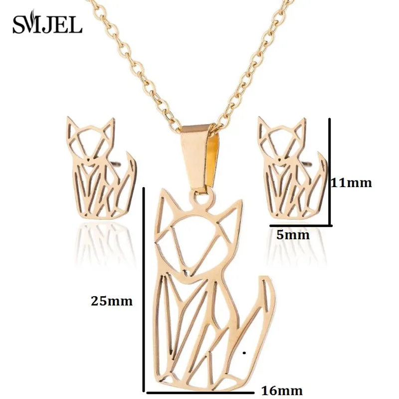 Origami Stainless Steel Cat Jewelry Sets for Women Gold Color Lovely Animal Cat Earings Footprint Pendants Necklaces Collares