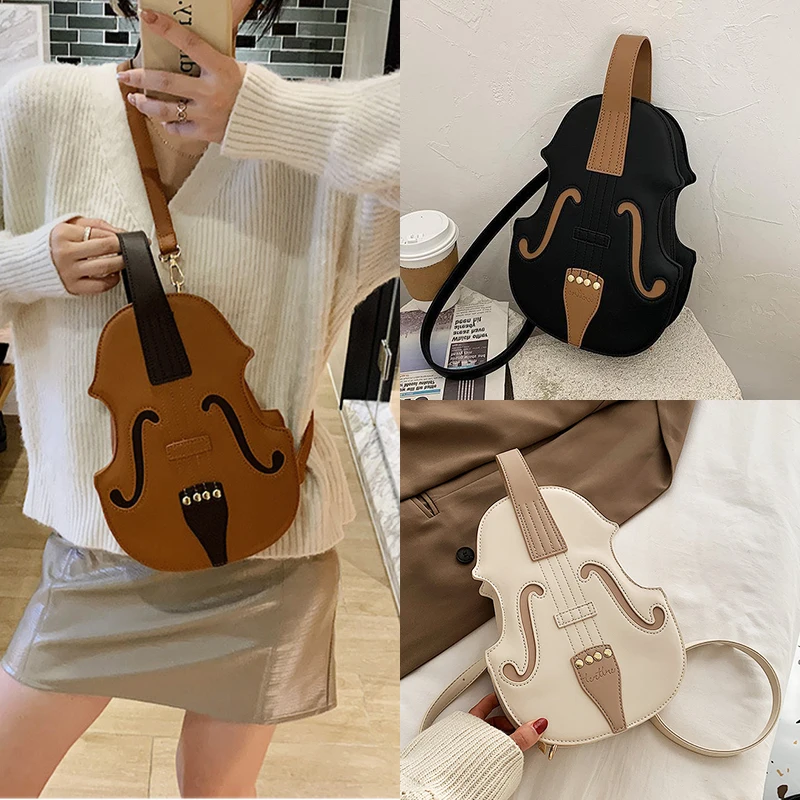 Fun Brown Violin Shape Shoulder Bag for Teenage Girls Fashion Backpack Travel School Bag Multiple Using Women Pouch Pu Leather