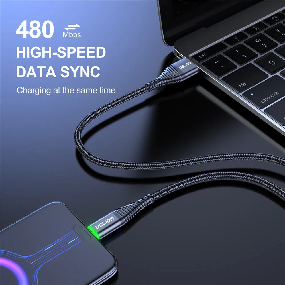 USLION-Câble Micro USB/Type-C 3A LED pour recharge rapide, cordon de chargeur USB-C pour téléphone Samsung S23 et Xiaomi