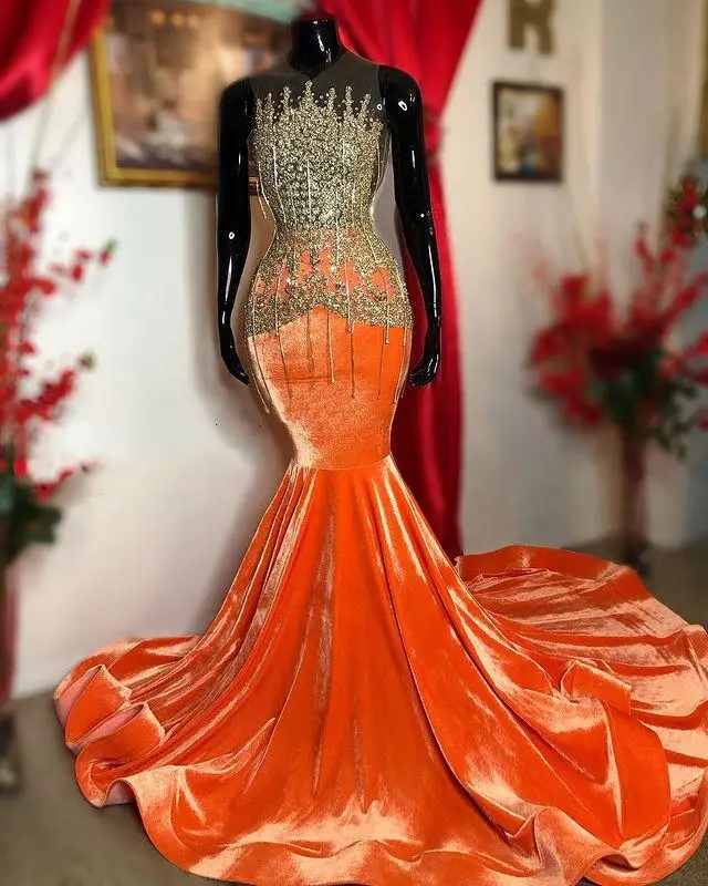 Lange Oranje Mermaid Prom Dresses 2021 Kralen Crystal Afrikaanse Plus Size Vrouwen Formele Partij Avondjurken