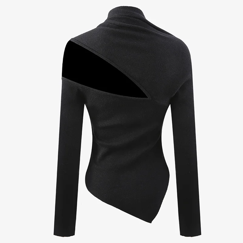 ECRURANI Black Slim Pullovers For Women Cut Out Asymmetrical Collar Long Sleeve Knitted Casual Skinny Sweaters Female 2021 Style