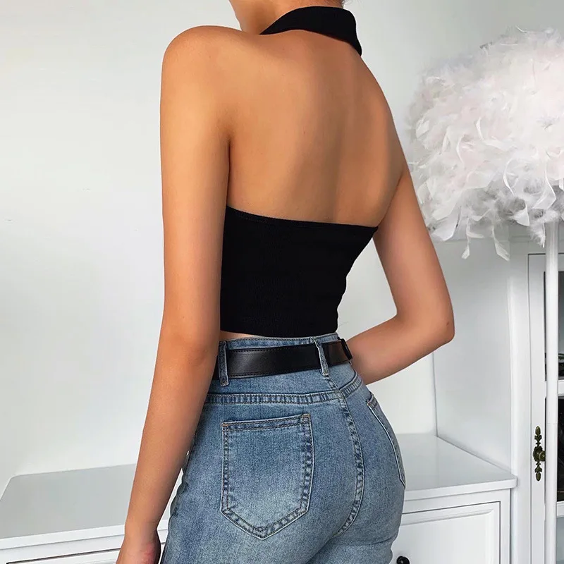 Fashion Sexy Women Short Sleeve Crop Top Button Vest Halter Casual White Tank Tops Blouse Short Basic Knit Women Streetwear