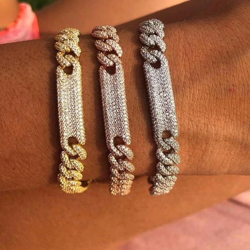 

ie hip-hopowe 2024, женские модные украшения золотого цвета Iced Out Bling Micro Pave White Cz Bar Charm Curb Miami Cuban Link Chain Bransoletki