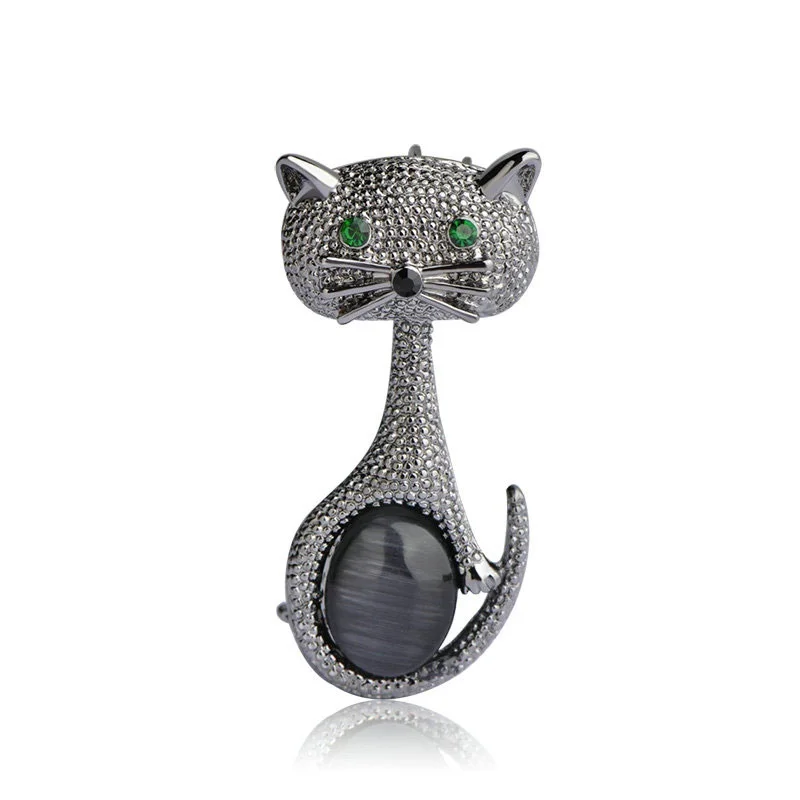 Vintage Green Eyes Cat Brooch Corsage Antique Gold Color Opals Animal Brooches For Women Kids Pins Jewelry