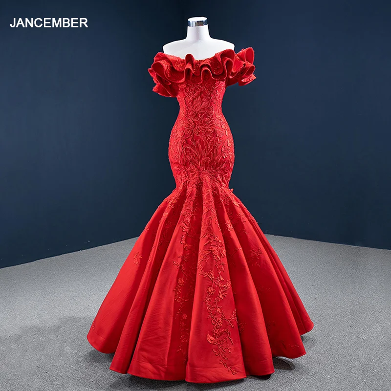 

J67173 Red Colour Mermaid Evening Dress 2020 Appliques Lace Up Back Boat Neck With Sleeveless vestiti cerimonia donna