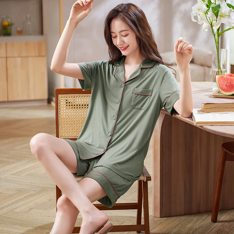 

Women Simple Cardigan Pajamas Sets Solid Color Summer Short Sleeves Shirts+Short Pants Sleepwear Nightwear Woman Pajama Homewear