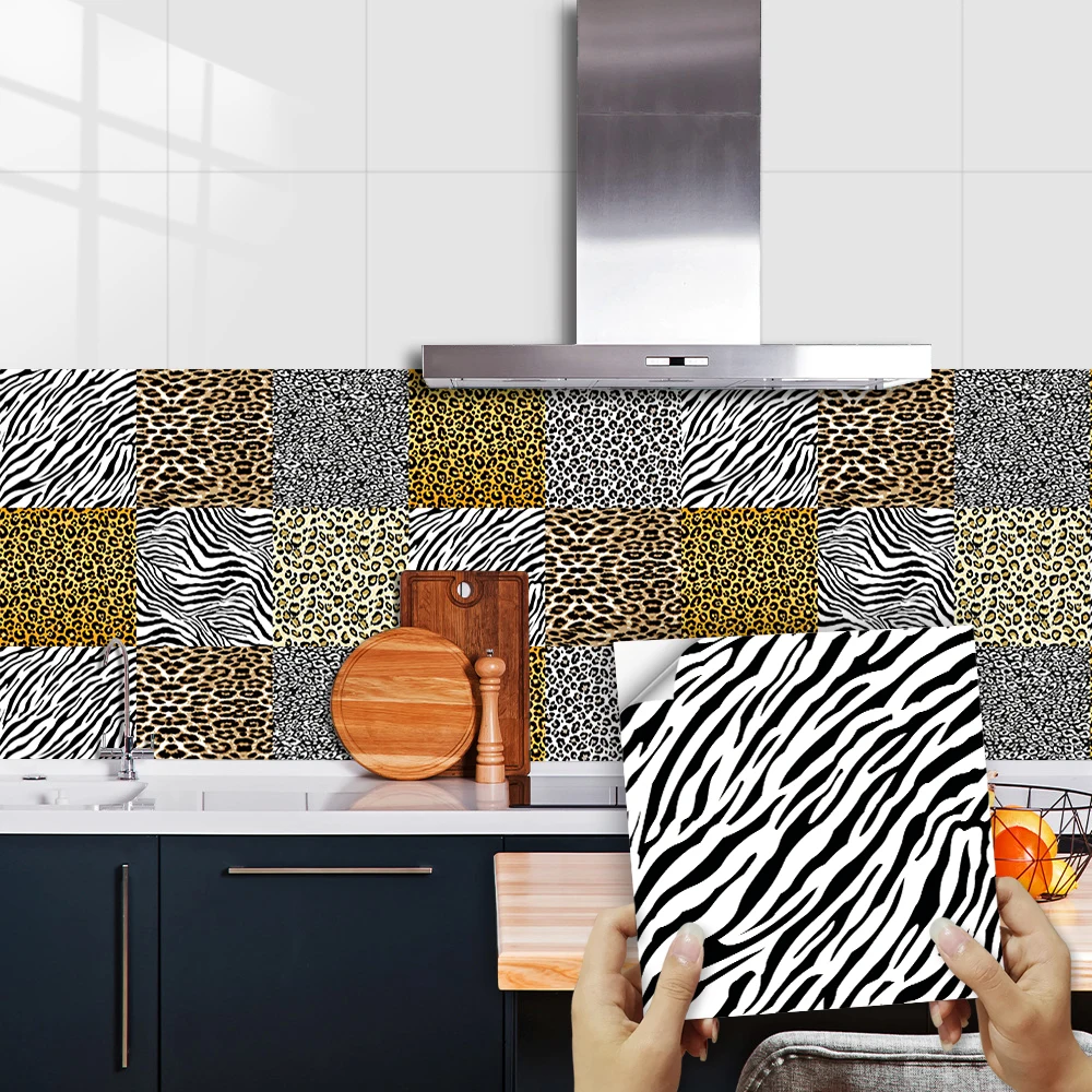 10pcs Animal Skin Leopard Zebra Pattern Tiles Sticker Kitchen Anti-oil Wardrobe Home Decor Self-adhesive Ceramics Art Wallpaper