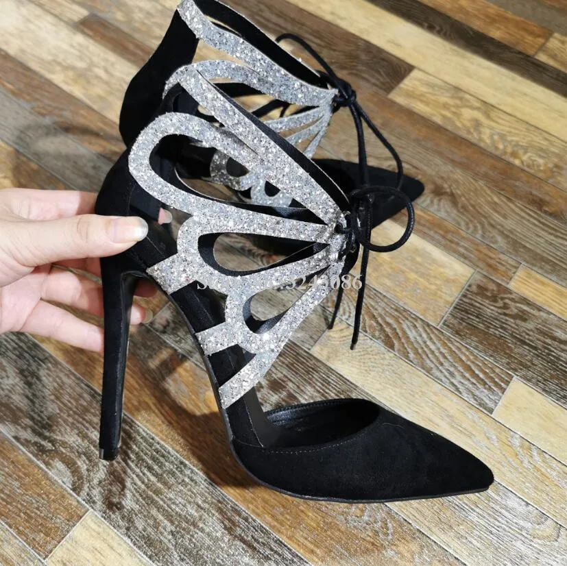 Lady New Bling Butterfly Design Sandals Shoes Women Lace-up Stiletto Heel Fashion Pumps Shoes Sexy Real Photos Banquet Heels