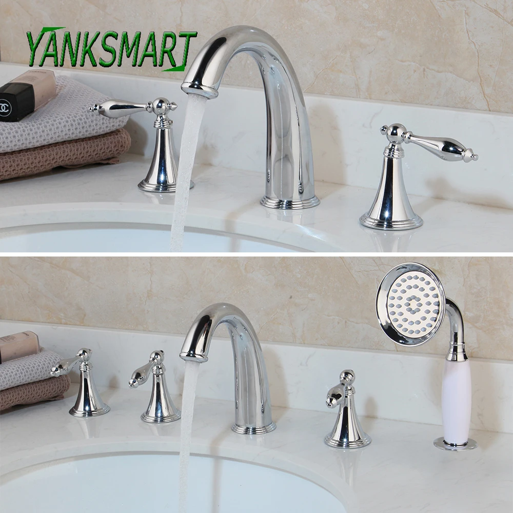 YANKSMART Chrome Polished Waterfall Bathtub Faucet Bathroom Shower Set Deck Mounted 5 Pcs Widespread Bath Sink Mixer Water Tap