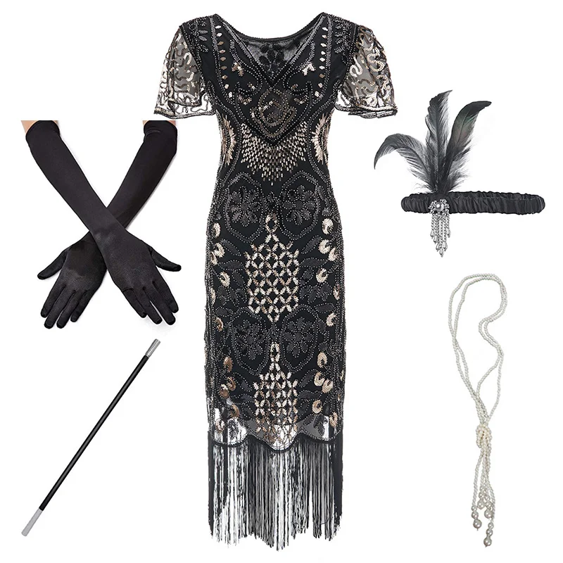 Imagem -03 - Flapper Ruaring Plus Tamanho 20s Great Gatsby Franjas Lantejoulas Frisado Vestido e Embelezado Arte Deco Vestido Acessórios Xxxl 1920s