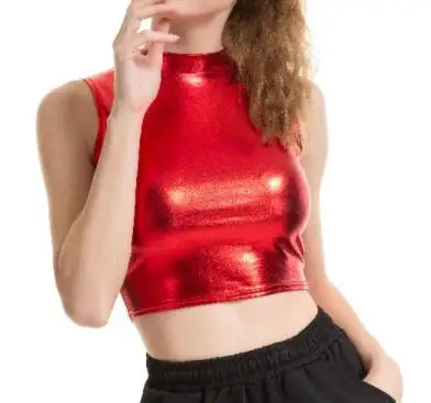 Half High Collar Sleeveless Bright Leather PU Tank Tops Women Performance Nightclub Sexy Short Tops Crop Top Solid Multi Colors