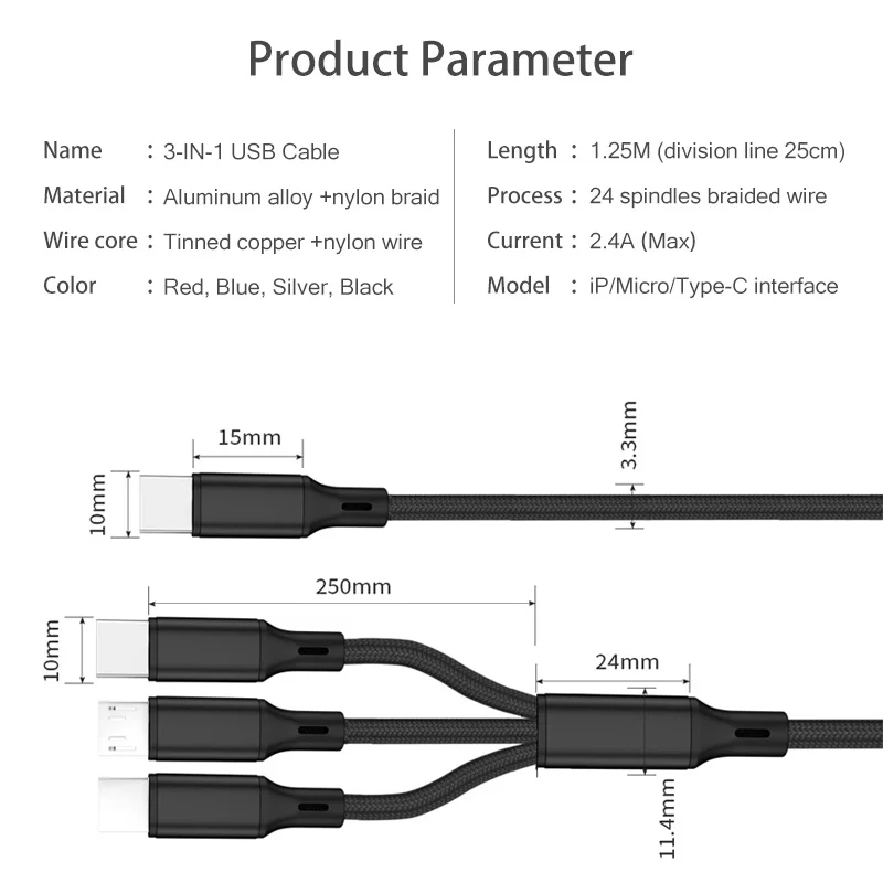 3 In 1 USB Cable Type C To USB C Micro USB Phone Charger Cable PD Charge Cable For Iphone 12 Nylon Cable Cellphone Accessories