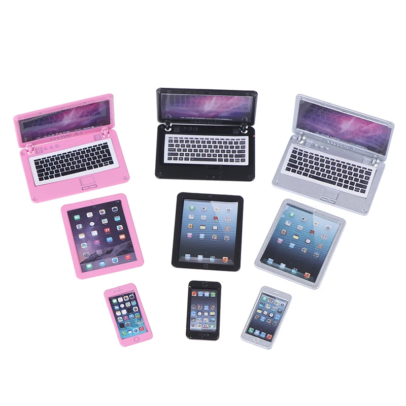 3 Stks/set Simulatie Mini Laptop Computer Tablet Mobiele Telefoon Poppenhuis Miniatuur 1:12 Legering Ambachten Poppenhuis Decor Diy Accessoires