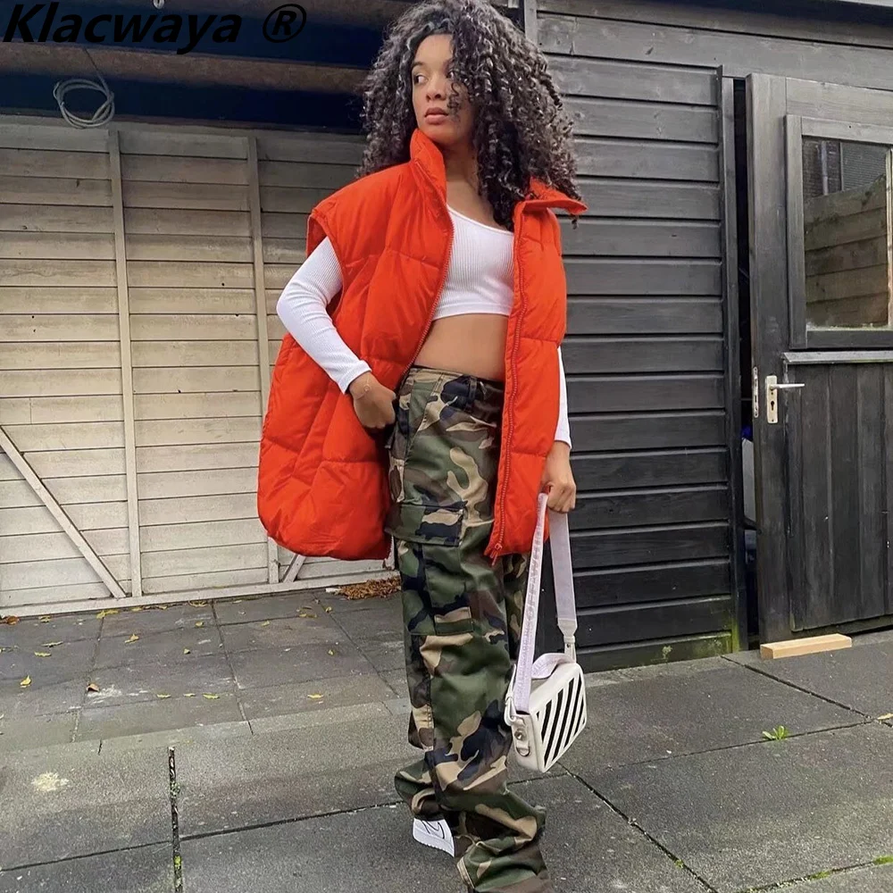 Klacwaya Women Vest Sleeveless Jacket For Women 2021 Orange Warm Vests Waistcoat Women Quilted Jacket Casual Zipper Gilet