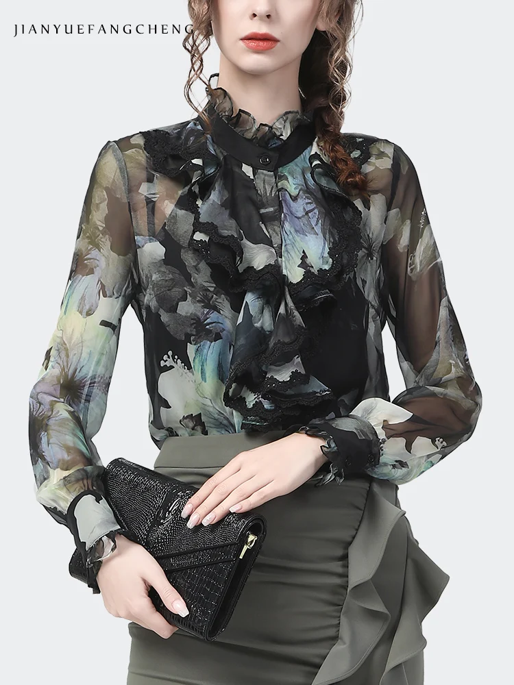 Fashion Cascading Ruffles Chiffon Floral Blouse Women Spring Summer Long Sleeve Ruffled Collar Tops Loose Casual Female  Shirts