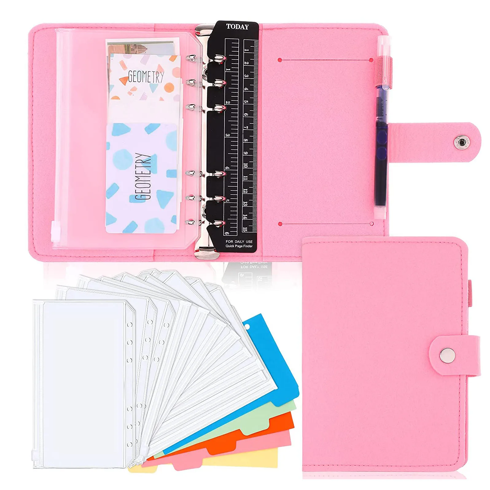 A6 Binder Budget Cash Envelopes Planner Organizer with 5 Pcs A6 Refill Paper 12 Pcs Zip Binder Pocket for Storing Bills,Cards