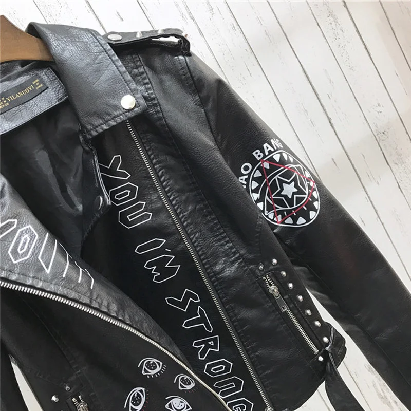 FMFSSOM Spring  Women Faux Leather Jacket Turn-Down Collar Letter Print Epaulet Rivet Zipper lady letter vintage Biker Outerwear