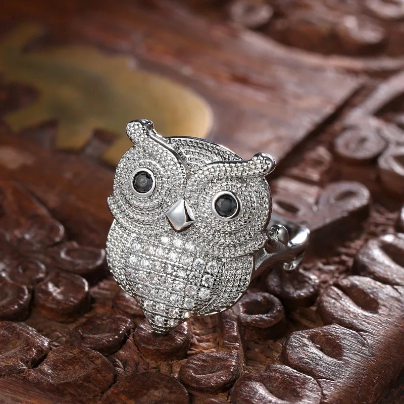 Punk Silver Color Sticky Owl Finger Ring Women Clear AAA CZ Ring Promise Wedding Statement Ring Jewelry Bague Anillos