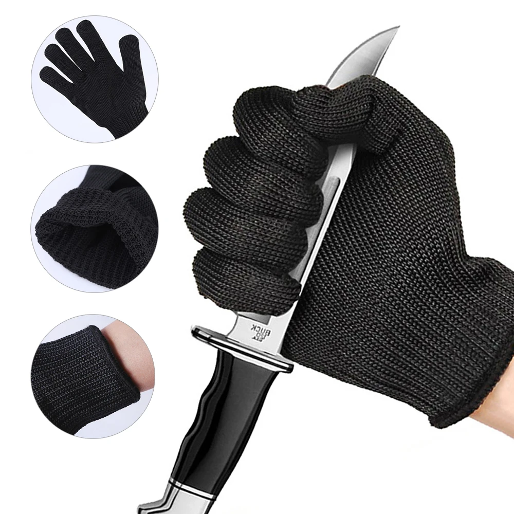 1 Pair Black Anti-Cut Gloves Level 5 Stainless Steel Wire Safety Kitchen Butcher Working Gloves Cut Fish Meat Protection Fingers