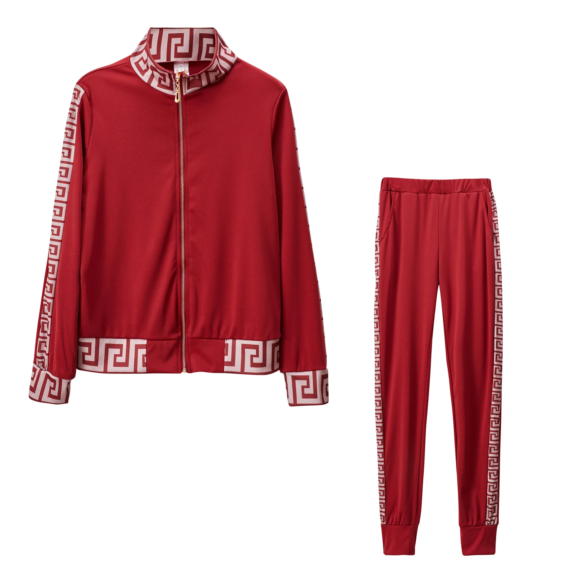 2025 y2k Tracksuit Women Elegant Two -Pieces Suit Sets Female Stylish Plus Size Greek Fret Print Coat & Pant Sets jogging femme
