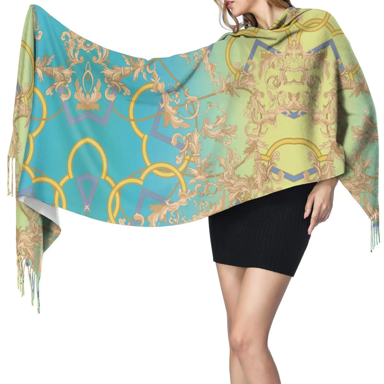 

NOISYDESIGNS Gradient Golden Luxury Floral Women Cashmere Scarf Women Baroque Print Shawls Wraps Ladies Cape Blanket Scarves