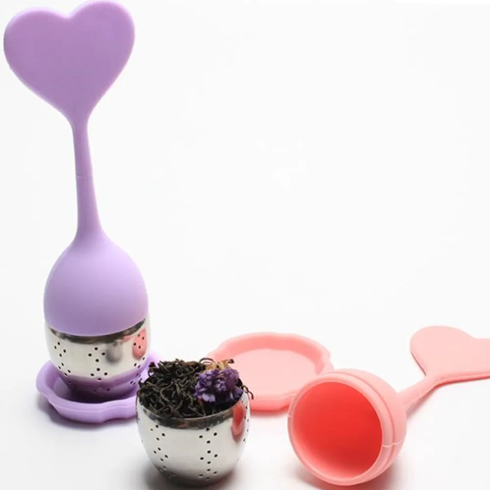 Green Tea Filter Infuser Spoon Silicone Heart Shape 304 Stainless Steel Loose Leaf Leak Mesh Strainer Cute