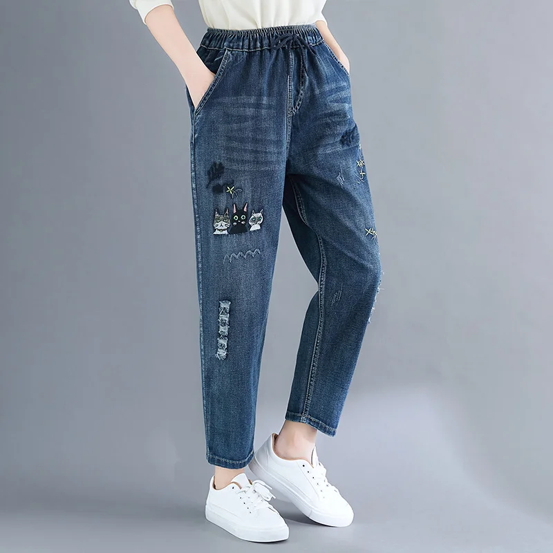 Mass Wasss Neue 2022 Frühling Damen Lose Vintage Elastische Design Jeans Europäischen Stil Blau Stickerei Denim Hosen Casual Hosen