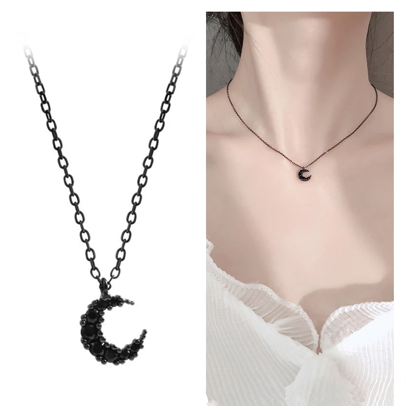 Trendy Silver 925 Sterling Necklace Women Choker Accessories Bright Zircon Moon Black Pendant Necklace Female Jewelry Girl Gift