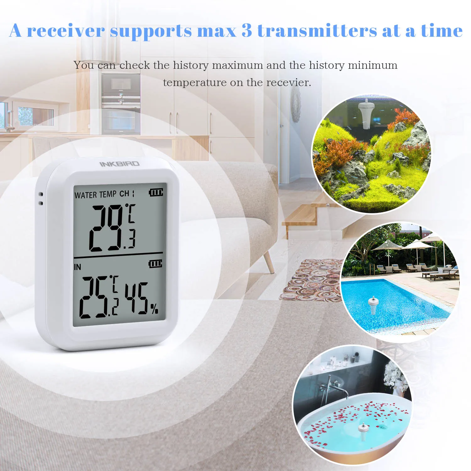 INKBIRD High Accuracy Wireless Pool Thermometer IBS-P01R IPX7 Waterproof Indoor & Outdoor Temperature Monitor for Swimming Pool