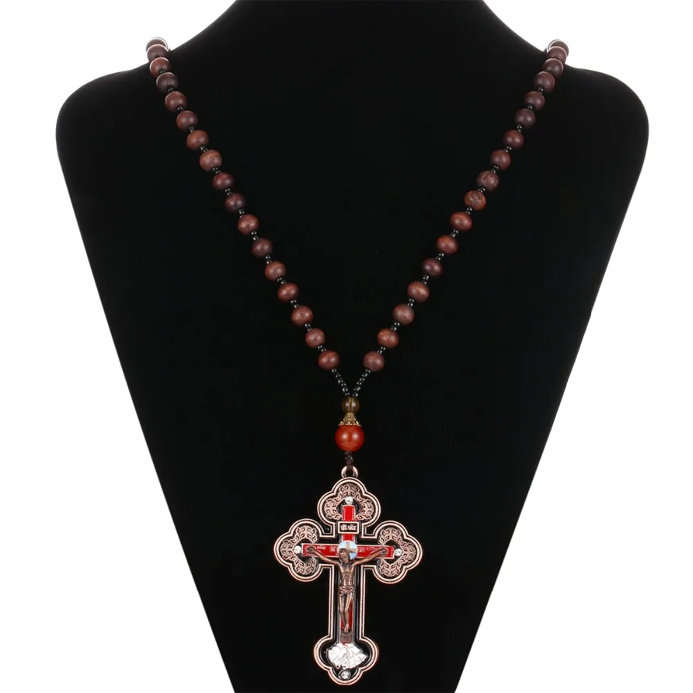 Orthodoxe große Kruzifix Jesus Kreuz Anhänger Halsketten für Männer Frauen Rosenkranz Halskette Holz Perlen Ketten religiöse Gebet Schmuck – Detail 5