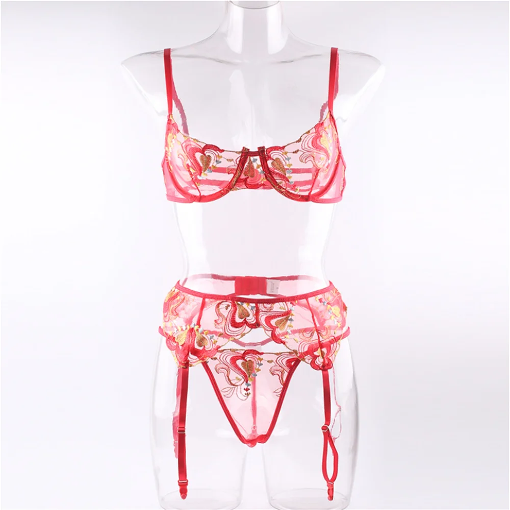 Perspective love embroidered t-pants bra, Garter Set, sexy three piece set, underwear