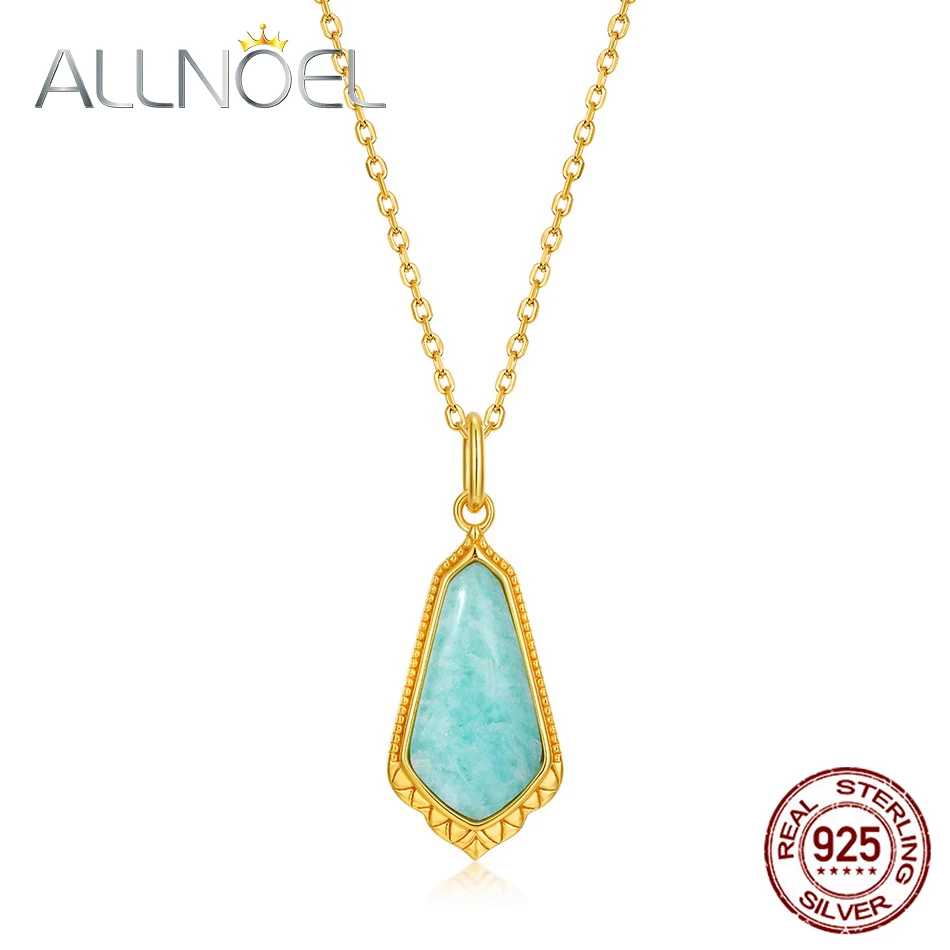 ALLNOEL Natural Waterdrop Amazonite Pendant 925 Sterling Silver Necklace for Women Green Stone Vintage Gold Plated Gifts Jewelry