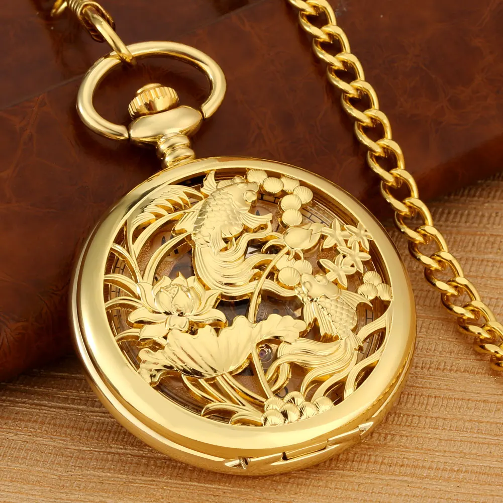 

Luxurious Golden Hollow Out Fish Design Pocket Watch Manual Mechanical Arabic Numerals Gold Dial Pendant Pocket Watch Clock Gift