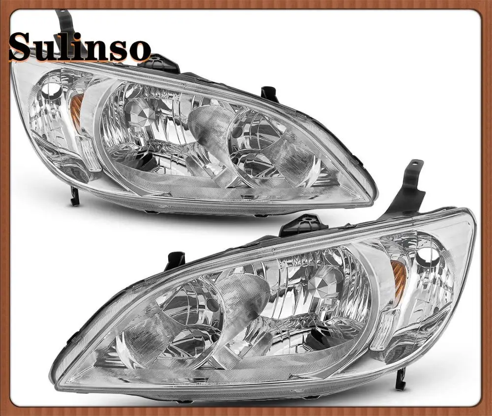 Sulinso 2pcs Headlight Assembly Compatible For Honda Civic 2004 2005 Chrome Housing Headlamps