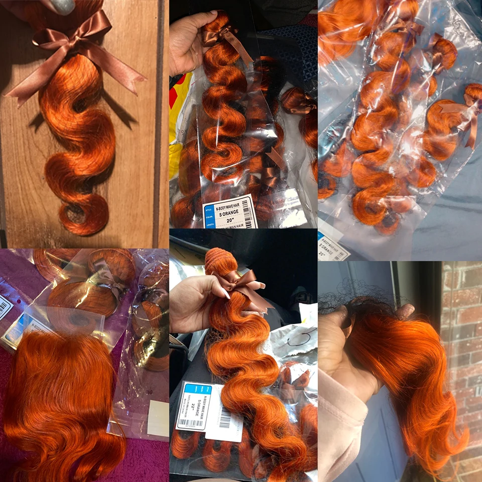 Pacotes de tecer cabelo brasileiro com fechamento, Pacotes de onda corporal, Pacotes laranja loira, Frontal 3 4 Pacotes, Fast EUA