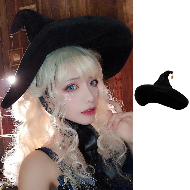 Adult Halloween Witch hat Cosplay Large Black Costume Pointed With string strap