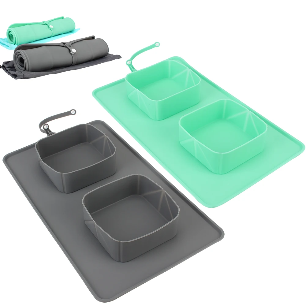 

Food Container Outdoor Travel Portable Pet Bowl With Flannel Bag Water Feeder Silicone Folding Double Bowls For Dogs Cats