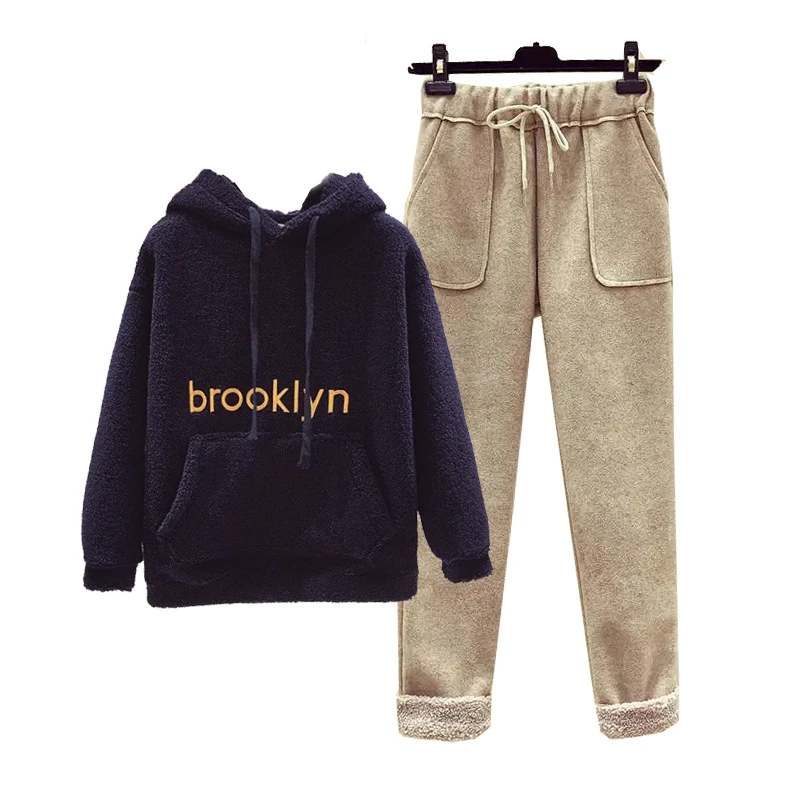 Warm Womens Tracksuits Hooded Sweatshirts 2023 Autumn Winter Fleece Hoodie Tops and Pants Letter Print Jackets