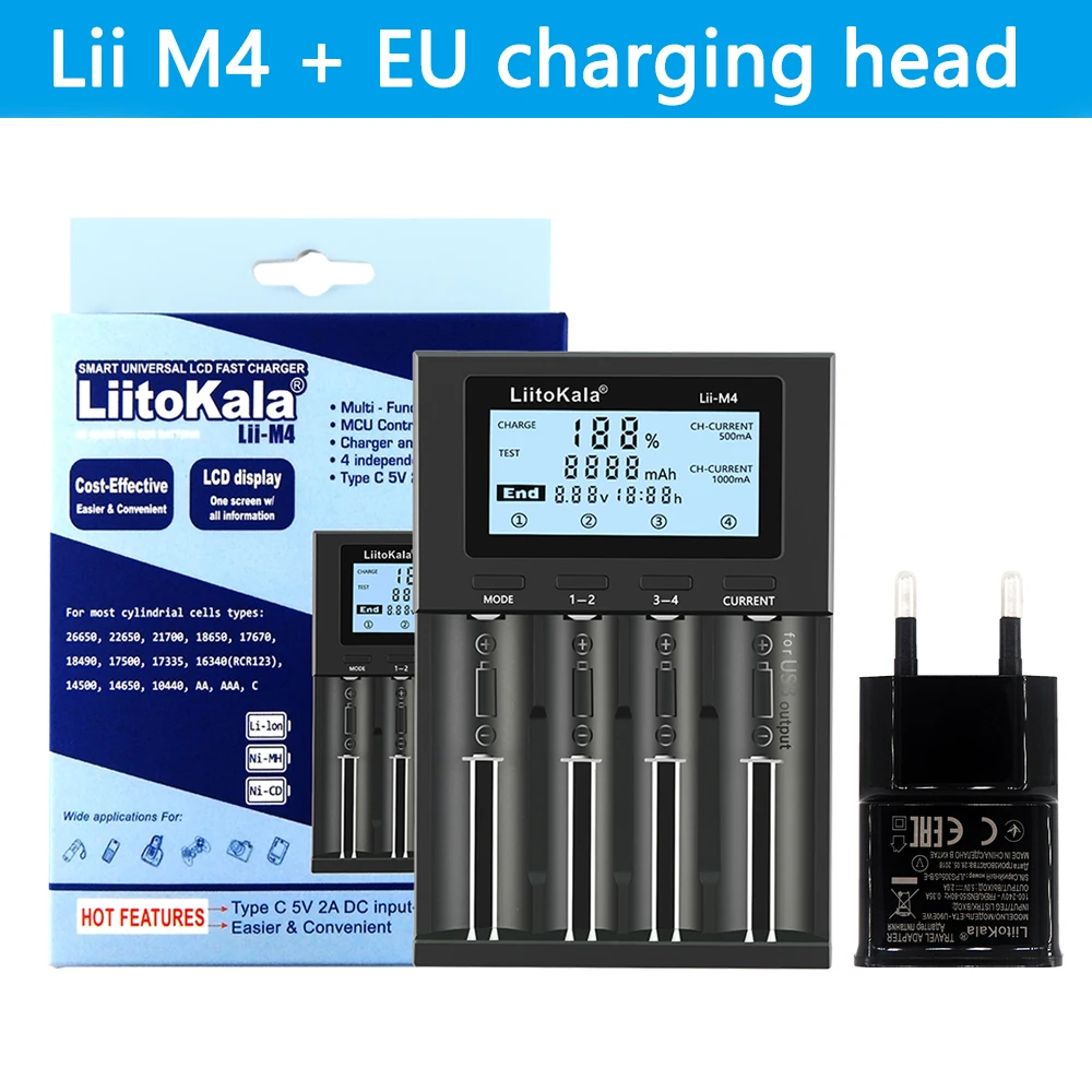 LiitoKala Lii-M4 5V Typec 3.7V/1.2V AA/AAA 18650/26650/16340/14500/10440/18500 Detectable capacity Battery Charger with screen T