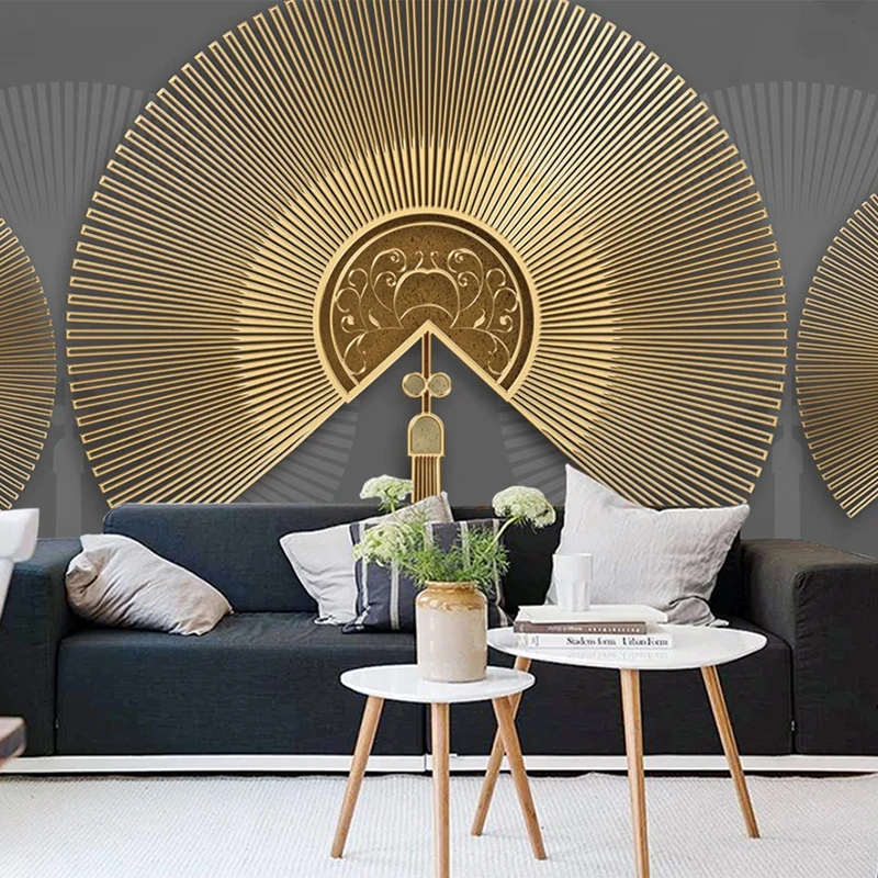 Custom Mural Wallpaper Chinese Style Beautiful Sector 3D Golden Embossed Lines Fresco Living Room TV Study Self-Adhesive Sticker