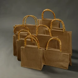 Sac de courses en toile de Jute pour femmes et filles, sac à main avec poignées en bambou, fourre-tout réutilisable, X7XC